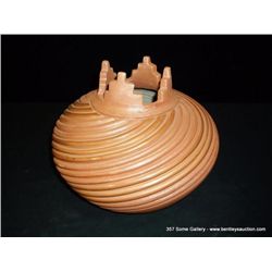 Miceaceous Slip Swirl Pot w/ Kiva Stepped Top by Marcelina Yepa, Jemez, New Mexico 7 3/4"x9", 3 1/4'