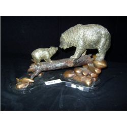 Bronze Metal Sculpture of a Bear Family on a Log By Charlie Bipp? 2007 9 1/2 x13 1/2 x6 , on a grani