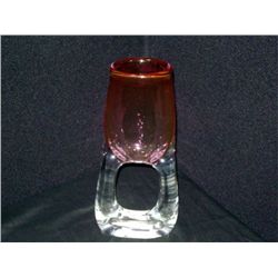 Sculptural Pink Donut Shaped Hand Blown Glass Vase by Tablonski, Poland 12" high x 5 1/2" wide x 2 1