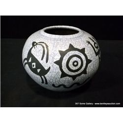 Raku Fired Pot with Crackle by Rick Loewenkamp 5 1/2  x 7  Retail: $400.00