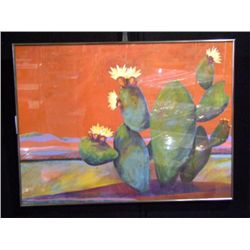 Loffino Oil Painting of a Cactus w/ Flowers on Canvas Board w/ a Orange-Red Sky