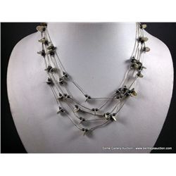 Liquid Sterling Silver Multi Stranded Necklace w/ Sliver Plates and Blue Beads Weight: 23.6 Grams Re