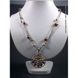 Liquid Sterling Silver Necklace w/ Beads and Pendant-Copper Toned, Gold and Silver Beads Weight: 25.