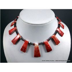 Sterling Silver Beaded Necklace w/ Red Stone Accents Weight: 58.9 Grams Retail: $495.00