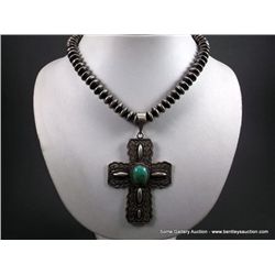 Sterling Silver Beaded Necklace w/ Stamped Sterling and Turquoise Cross Pendant-Marked C Weight: 96.