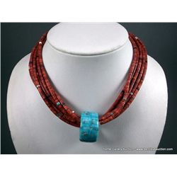 Multi Stranded Heshie Coral Necklace W/ Inlaid Turquoise Pendent-Marked Chris Nieto Weight: 91.2 Gra