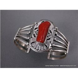 Sterling Silver Bracelet w/ One Coral Stone-Marked ES Weight: 51.5 Grams Retail: $440.00