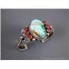 Image 1 : Sterling Silver Bracelet w/ 1 Large Turquoise, 6 Red Stones-Marked Derrick Weight: 62.1 Grams Retail