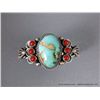 Image 2 : Sterling Silver Bracelet w/ 1 Large Turquoise, 6 Red Stones-Marked Derrick Weight: 62.1 Grams Retail