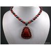 Image 1 : Sterling Silver and Red Lapis Bead Necklace w/ Red Lapis Pendant-Marked LA-Fleur Weight: 62.8 Grams 