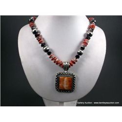 Navajo Stone Beaded Necklace w/ Stone and Sterling Silver Pendant-Marked Charles Johnson, Weight: 14