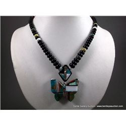 Black and Colored Bead Necklace w/ Inlaid Stone Butterfly Pendent, Chris Nieto, Santo   Domingo, Wei