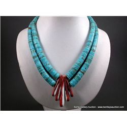 Heshie Turquoise Beaded Necklace w/ Red Pendants by Lupe Lavato Weight: 186.7 Grams Retail: $800.00