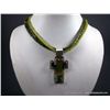 Image 1 : Jade Colored Bead Necklace w/ Sterling Silver Cross Inlaid W/ Stone-Marked Daniel Coriz Weight: 63.3