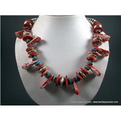 Red Coral and Turquoise and Sterling Silver Necklace-Marked w/ a Crowing Rooster Weight: 159.6 Grams