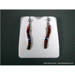 Sterling Silver Earrings w/ Inlaid Red and Opal Stones-Marked Calvin Begay Weight: 4.7 Grams