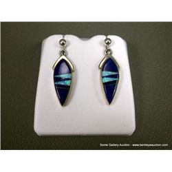 Sterling Silver Earrings w/ Dark Blue and Opal Stones-Marked Calvin Begay Weight: 6.9 Grams Retail: 