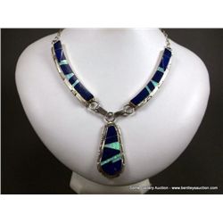 Sterling Silver Inlaid Blue Stone and Opal Necklace-Marked Tom Shirley Weight: 40.6 Grams Retail: $7