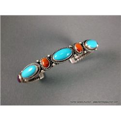 Sterling Silver Bracelet w/ Turquoise, Orange and Purple Stones-Marked D. Cadman Weight: 37.8 Grams 