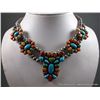 Image 1 : Sterling Silver Beaded Necklace w/ 5 Turquoise and Multi-Colored Blossoms-Marked Ben Tom Weight: 114