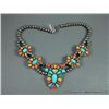 Image 2 : Sterling Silver Beaded Necklace w/ 5 Turquoise and Multi-Colored Blossoms-Marked Ben Tom Weight: 114