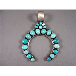 Turquoise Stones in Horseshoe Shaped Sterling Silver Pendant-Marked Ella Peter Weight: 83.9 Grams Re