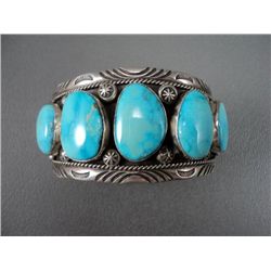 Wide Sterling Silver Bracelet w/ Turquoise Stones- Marked J.J. Weight: 102.6 Grams Retail: $ 660.00