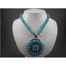 Sterling Silver Blue Stone Necklace w/ Blossom Turquoise Pendant-Marked D. Livingston Weight: 159.3 