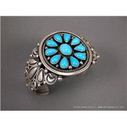 Sterling Silver Bracelet w/ Oval Pattern Turquoise Stones -Marked D. Livingston Weight: 81.8 Grams R