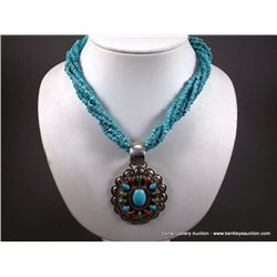 Small Nugget Turquoise 5 Strand Necklace w/ Sterling Silver Pendant-Pendant Marked Ray Bennett Weigh