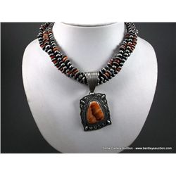 Navajo Sterling Silver and Orange Beaded Necklace w/ Orange Stone Pendant-Marked D Weight: 137.5 Gra