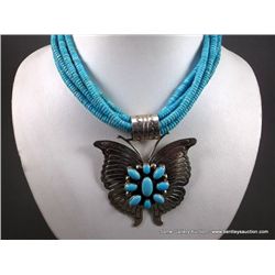 Multi Strand Turquoise Beaded Necklace w/ Sterling Silver Butterfly Pendant-Marked D. Livingston Wei