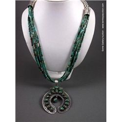 Multi-Strand Green Turquoise Necklace w/ Horse Shoe Pendant w/ Sterling Silver Accents-Marked RBRD W