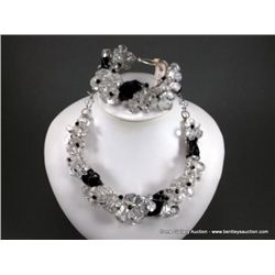 Clear and Black Beaded Necklace w/ Matching Bangle Bracelet **Sterling Silver Wire**-Marked Julie Fe