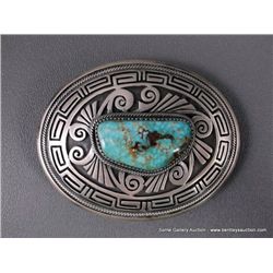 Turquoise Mountain Sterling Silver Belt Buckle w/ Turquoise Stone-Marked Larry Martinez Weight: 114.