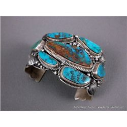 Sterling Silver Bracelet w/ Pilot Mountain Turquoise Stones-Marked Derrick Gordon & Uncle Delbert We