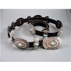 Sterling Silver & Turquoise Concho Belt Leather Belt, Marked D. Deigarito Weight: 328.4 Grams Retail