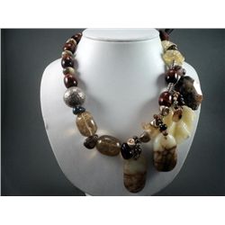 Stone Beaded Necklace w/ Leaf and Sterling Silver Accents-Marked Monica Yocum Weight: 324 Grams Reta