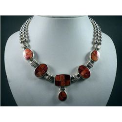 Sterling Silver Beaded w/ Inlaid Orange Necklace- Marked Calvin Begay Weight: 121 Grams Retail: $ 1,