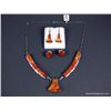 Image 1 : Sterling Silver Inlaid Orange Necklace w/ 2 Matching Earrings-Marked Tom Shirley Weight: 56.8 Grams 