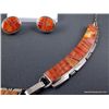 Image 7 : Sterling Silver Inlaid Orange Necklace w/ 2 Matching Earrings-Marked Tom Shirley Weight: 56.8 Grams 