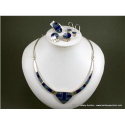 Inlaid Blue Sterling Silver Necklace w/ Ring, (2) Sets of Earrings-Marked Calvin Begay Weight: 77.1 