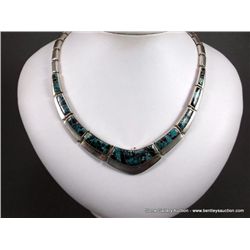 Inlaid Turquoise and Sterling Silver Necklace- Marked Studio GL Weight: 58.7 Grams Retail: $1,350.00