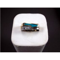 14K Yellow Gold & Sterling Silver Two Tone Ring w/ Turquoise & Diamonds Sz 11-Marked HL Weight: 15.2