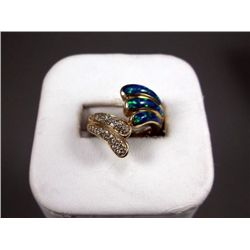 14K Yellow Gold on Sterling Silver Ring w/ Opal & Clear Stones Sz 6 3/4-Marked w/ Double Loop Weight