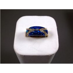 14KYG Ring w/ Opal & Clear Stone Inlay Marked with Double Loop, Size 7 1/4 Weight: 11.9 Grams Retail