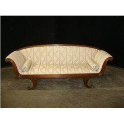 Early American Burled Walnut Provincial Style Cream Colored Upholstered Sofa