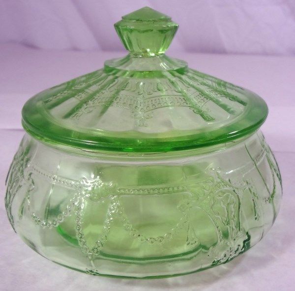 Green Depression Glass Bowl with Lid. Draped Ribbon pattern.