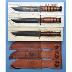 Three USMC Commemorative Fighting Knives with Leather Sheaths and Boxes