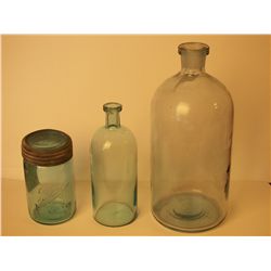 Set of  3 Aqua Glass, Ball Jar, 2 Medicine Bottles